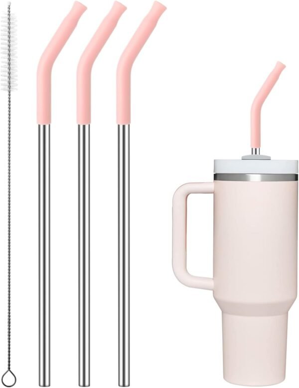 Reusable Metal Straws with Silicone Tip for  40oz,Stainless Steel Drinking Straws for 40oz Tumbler,3 Straight Tubes & 6 Tips& 1 Cleanr Brush(Rose Quartz)