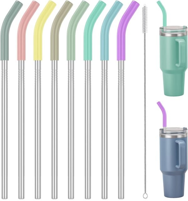8-Pack Stainless Steel Straws for  H1.0 H2.0 14 Inch Length, 0.35" Diameter Includes 8 Colorful Silicone Extender Tips and Cleaning Brushes BPA-Free, Food Grade