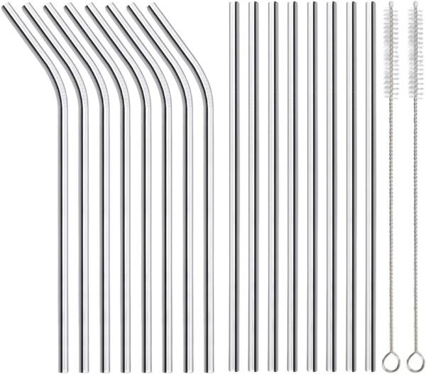 16 Pack of Reusable Stainless Steel Metal Straws, 8 Straight + 8 Bent 8.5 inch Metal Straws with 2 Cleaning Brushes, Straw Compatible with 20oz