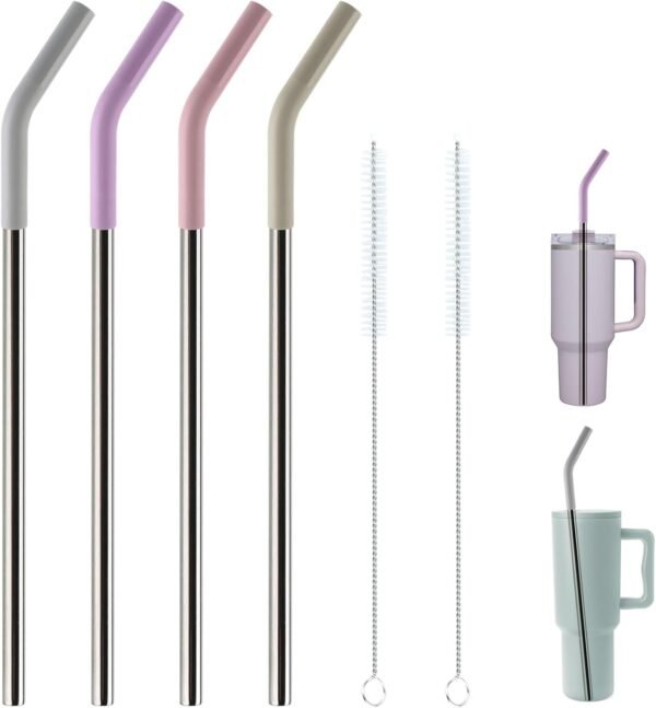 Replacement Straws for 40oz Tumblers,Metal Straws Reusable Compatible with  40oz Cup, 40 oz Tumbler Straw,4 Pack 12" Extra Long Stainless Steel Straws with Silicone Tips and Cleaner Brush