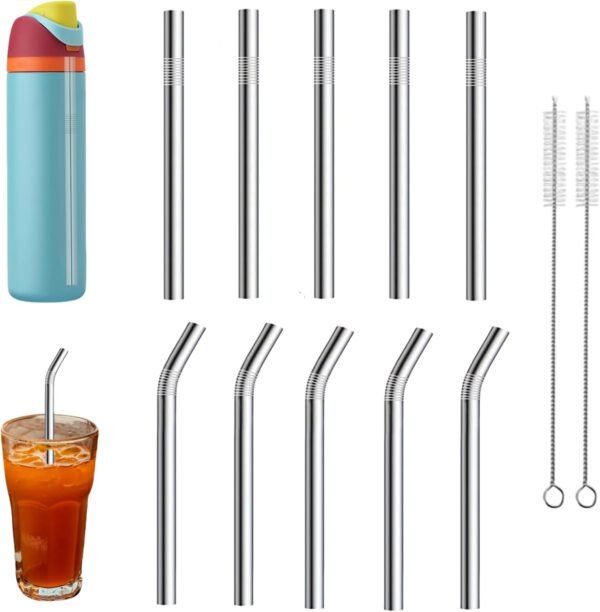 10 Pack of Reusable Stainless Steel Metal Straws,5 Straight 5 Bent L 8.3 inch D 0.39 inches Straws,With 2 cleaning brushes,Suitable for  Water Bottle 24 oz 32 oz,Drinking Mug,Glass Mug