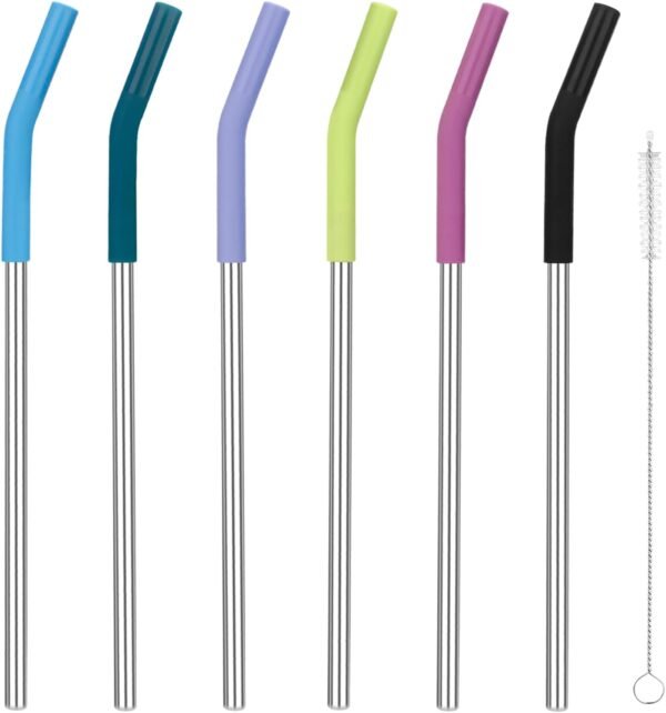 Set of 6 Stainless Steel Reusable Metal Straws with Silicone Flex Tip Elbow,6 Steel Straws,6 Silicone Tips,1 Straw Cleaning Brush,for 30 oz and 20 oz Cups, Dishwasher Safe