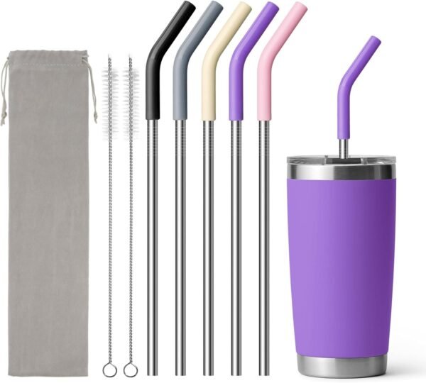 Stainless Steel Straws for 20 oz  Tumbler, 5 Pcs Metal Straws Reusable with Silicone Tip for 20 oz  and 16 oz Glass Tumbler, Cleaning Brush, 1 Portable Bag