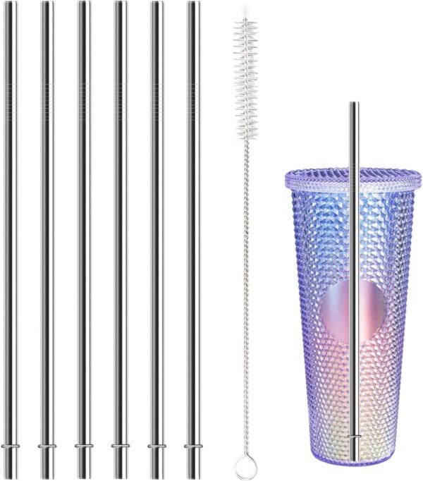 10.5 Inch Stainless Steel Straws Replacement for Starbucks Cold Cup 24 oz, 6 PCS Straight Reusable Metal Straw with Cleaning Brush, 10.5" X 0.31" Compatible with Starbucks Tumblers