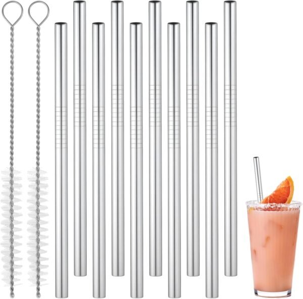 10 Pack Metal Straws Reusable, 4.9 Inch Short Cocktail Straws Reusable Stainless Steel Drinking Straw with 2 Cleaning Brushes for Coffee Mugs Small Glasses or Cups (Silver)