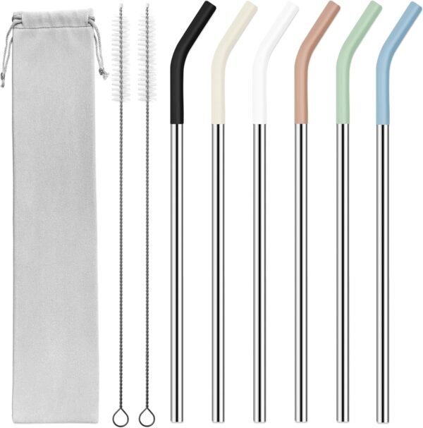 40 oz Stainless Metal Straws for 40 oz  Tumbler, 6Pcs Reusable Straight Long Steel Straws with 12 Silicone Tips and 2 Straw Cleaning Brushes (6Color1, 40oz)