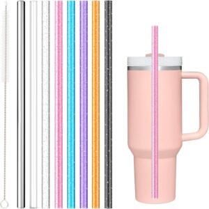 8PCS Color Replacement Straws for   ,  Reusable Glitter Clear Stainless Steel Straws Accessories for Tumbler Mug Cup, BPA Free and Dishwasher Safe(7*+1*Metal)
