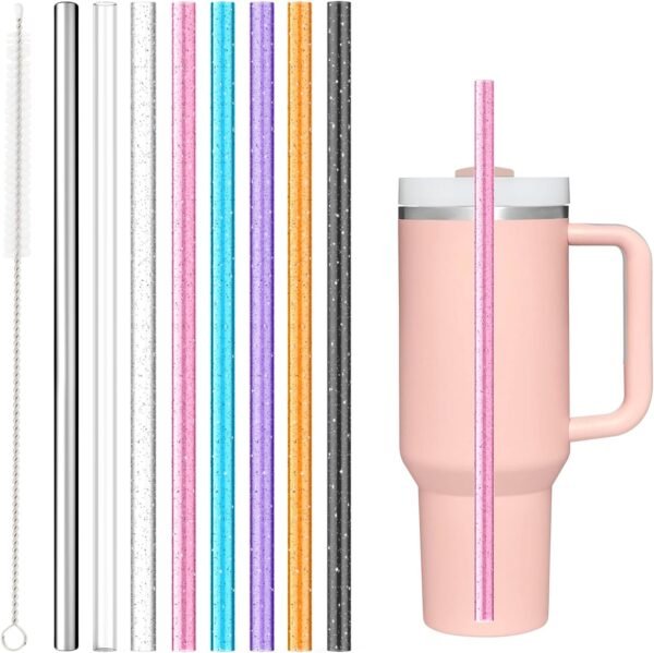 8PCS Color Replacement Straws for   ,  Reusable Glitter Clear Stainless Steel Straws Accessories for Tumbler Mug Cup, BPA Free and Dishwasher Safe(7*+1*Metal)