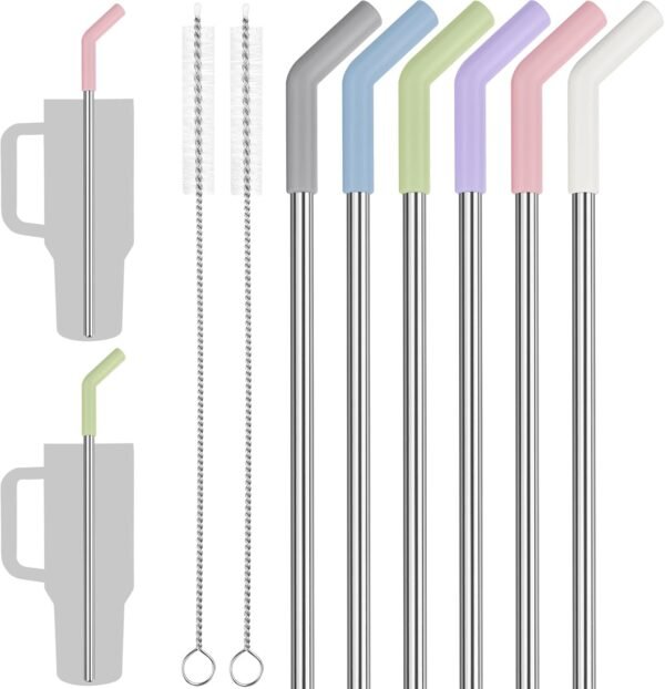 6-Pack Multicolor Silicone Tip Stainless Steel Straws for 40oz  Tumblers with 2 Cleaning Brushes, 12" Long BPA-Free Healthy and Safe for Outdoor & Home Use Enhances Drink Enjoyment