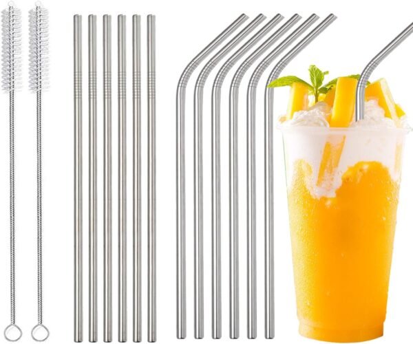 12-Pack Reusable Straws - Metal Straws Dishwasher Safe - Drinking Stainless Steel Straws for 20 oz Tumblers - 2 Cleaning Brushes Included