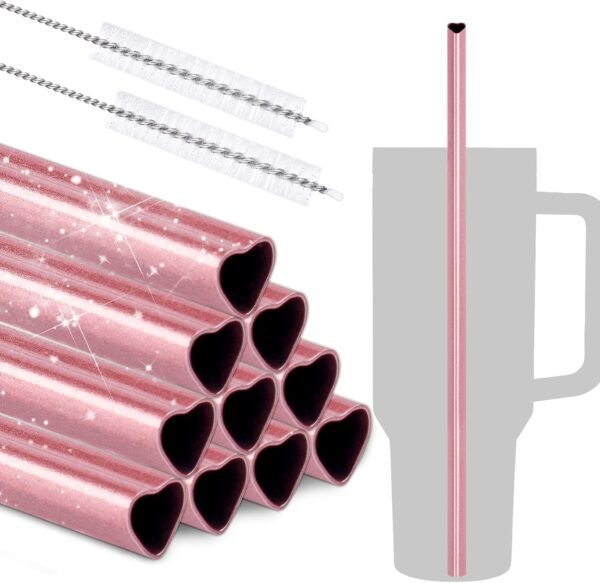 12-Inch Heart-Shaped Stainless Steel Drinking Straws for  Tumbler 40oz 10-Pack with 2 Cleaning Brushes, Reusable for Hot & Cold Drinks, Dishwasher Safe, Safe Edges for Kids (Pearl Pink)
